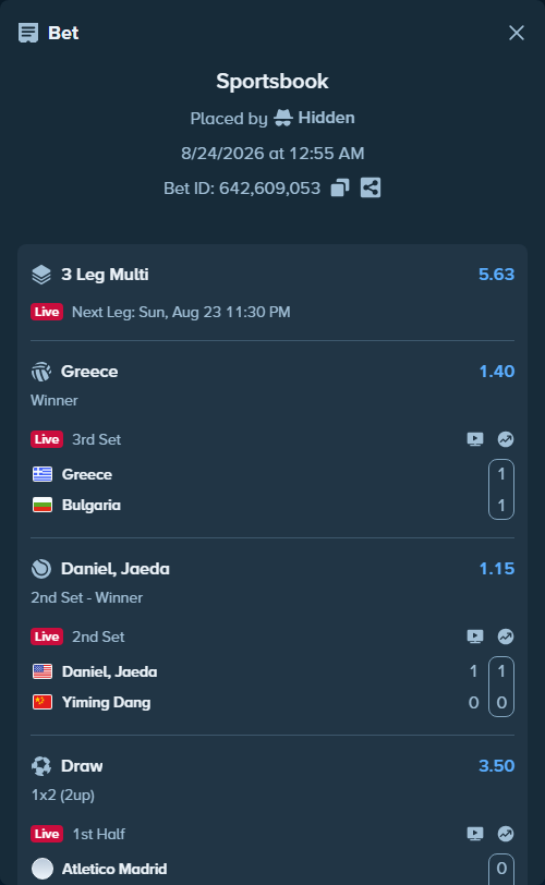 Bet slip: Atletico Madrid - Villareal, $12,257.00 stake at 3.50 odds, placed by Hidden