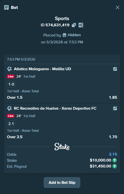 Bet slip: Atletico Malagueno - UD Melilla, $10,000.00 stake at 1.85 odds, placed by Hidden