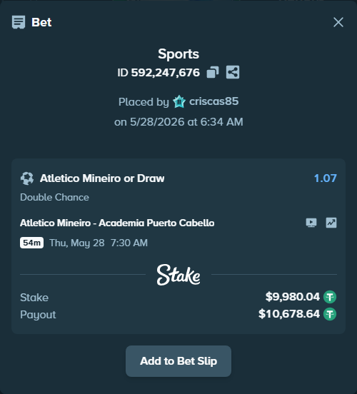 Bet slip: Atletico Mineiro - Academia Puerto Cabello, $10,000.00 stake at 1.07 odds, placed by criscas85