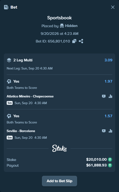 Bet slip: Atletico Mineiro - Chapecoense, $20,010.00 stake at 1.97 odds, placed by Hidden
