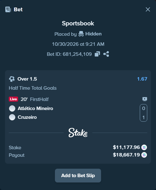 Bet slip: Atletico Mineiro - Cruzeiro, $11,004.08 stake at 1.67 odds, placed by Hidden