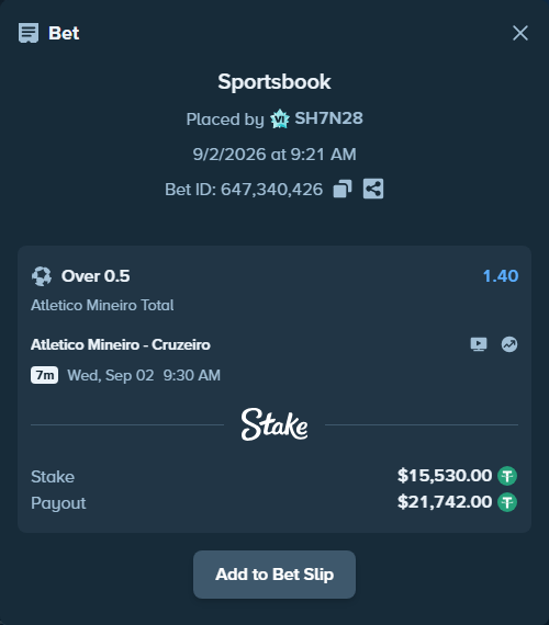 Bet slip: Atletico Mineiro - Cruzeiro, $15,530.00 stake at 1.40 odds, placed by SH7N28