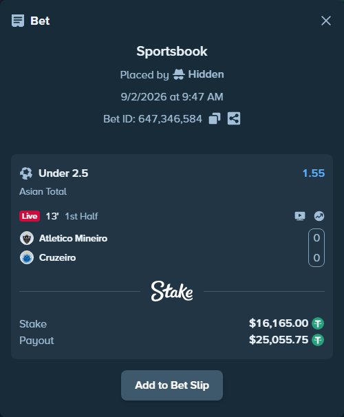 Bet slip: Atletico Mineiro - Cruzeiro, $16,165.00 stake at 1.55 odds, placed by Hidden