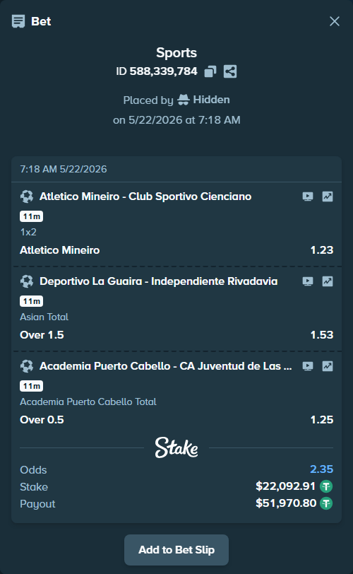 Bet slip: Atletico Mineiro - CS Cienciano, $22,115.00 stake at 1.23 odds, placed by Hidden