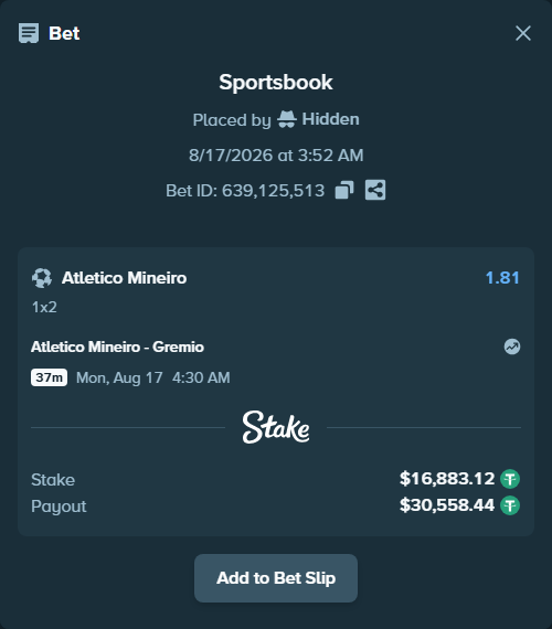 Bet slip: Atletico Mineiro - Gremio, $16,900.00 stake at 1.81 odds, placed by Hidden
