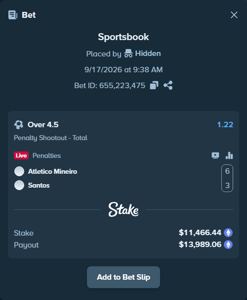 Bet slip: Atletico Mineiro - Santos, $11,449.93 stake at 1.22 odds, placed by Hidden