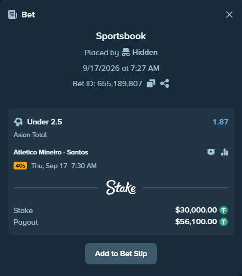 Bet slip: Atletico Mineiro - Santos, $30,030.00 stake at 1.87 odds, placed by Hidden