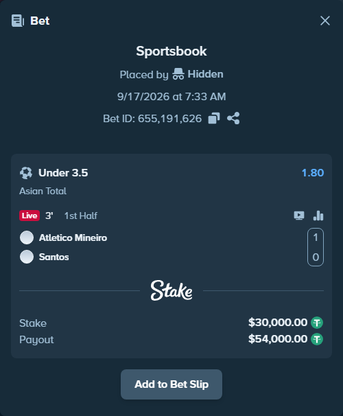 Bet slip: Atletico Mineiro - Santos, $30,030.00 stake at 1.80 odds, placed by Hidden