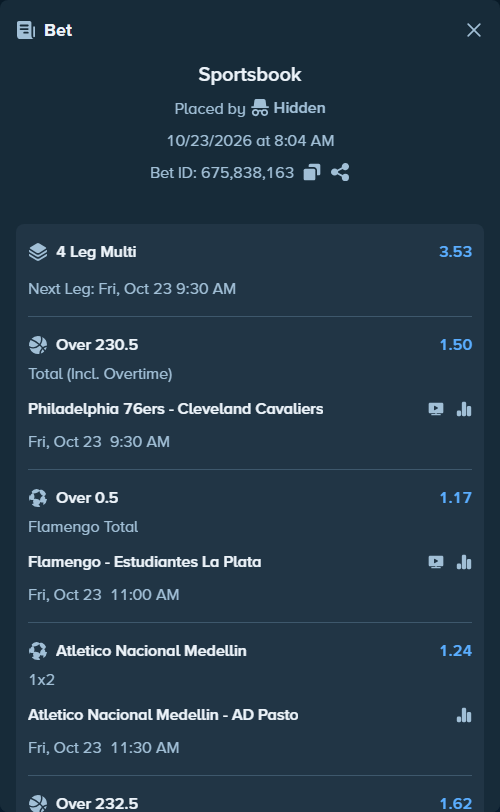 Bet slip: Atletico Nacional - AD Pasto, $13,989.00 stake at 1.24 odds, placed by SH7N28