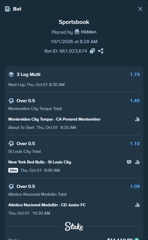 Bet slip: Atletico Nacional - CD Junior FC, $11,122.00 stake at 1.09 odds, placed by SH7N28