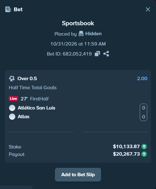 Bet slip: Atletico San Luis - Atlas, $10,144.00 stake at 2.00 odds, placed by tlwns4736