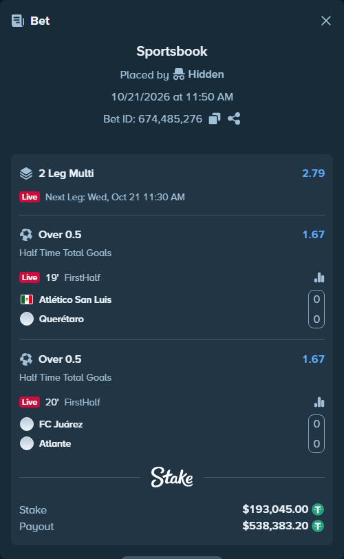 Bet slip: Atletico San Luis - Queretaro, $193,238.04 stake at 1.67 odds, placed by Hidden