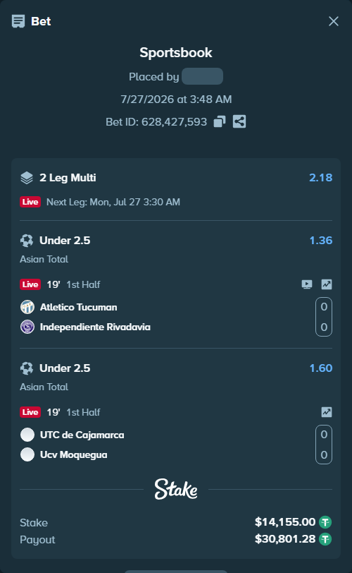 Bet slip: Atletico Tucuman - Independiente Rivadavia, $14,155.00 stake at 1.36 odds, placed by AsTraL11
