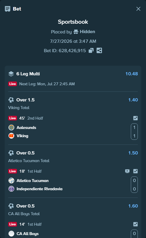 Bet slip: Atletico Tucuman - Independiente Rivadavia, $36,056.00 stake at 1.50 odds, placed by Hidden