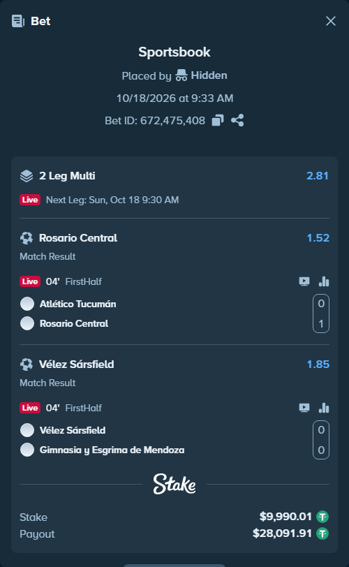 Bet slip: Atletico Tucuman - Rosario Central, $10,000.00 stake at 1.52 odds, placed by Agus1033