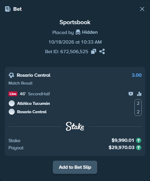 Bet slip: Atletico Tucuman - Rosario Central, $10,000.00 stake at 3.00 odds, placed by Reyes32
