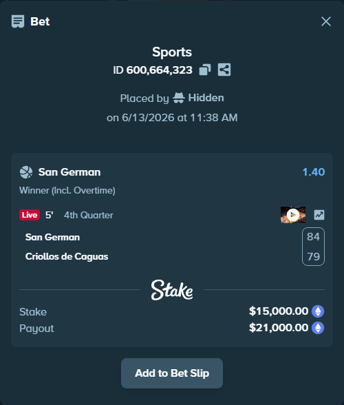 Bet slip: Atleticos de San German - Criollos de Caguas, $15,546.44 stake at 1.40 odds, placed by Hidden