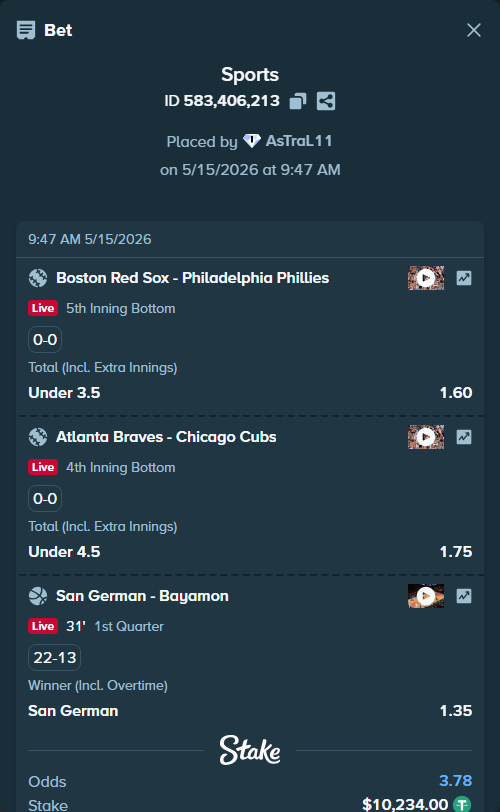 Bet slip: Atleticos de San German - Vaqueros de Bayamon, $10,234.00 stake at 1.35 odds, placed by AsTraL11