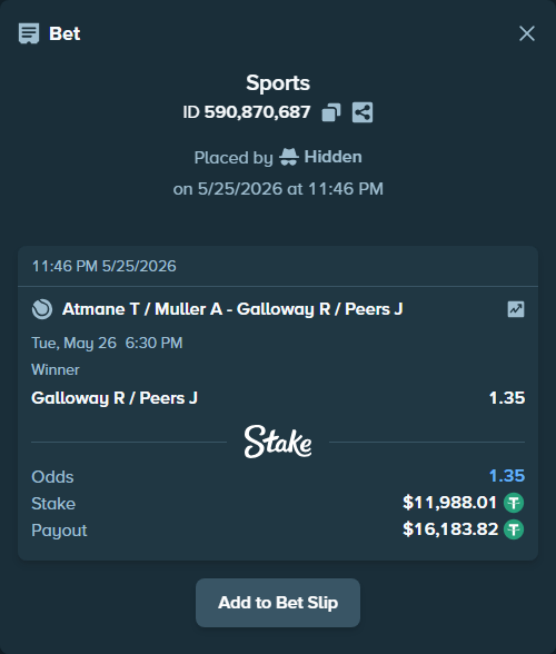 Bet slip: Atmane T / Muller A - Galloway R / Peers J, $12,000.00 stake at 1.35 odds, placed by Hidden