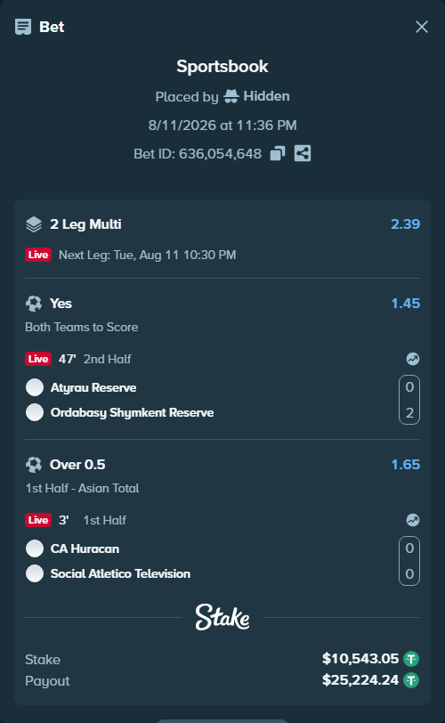 Bet slip: Atyrau Reserve - Ordabasy Shymkent Reserve, $10,553.59 stake at 1.45 odds, placed by Hidden