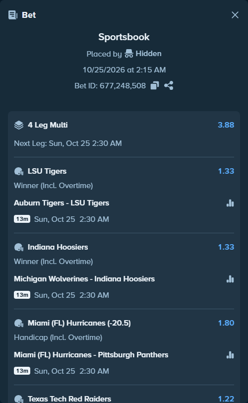 Bet slip: Auburn Tigers - LSU Tigers, $12,111.12 stake at 1.33 odds, placed by Hidden
