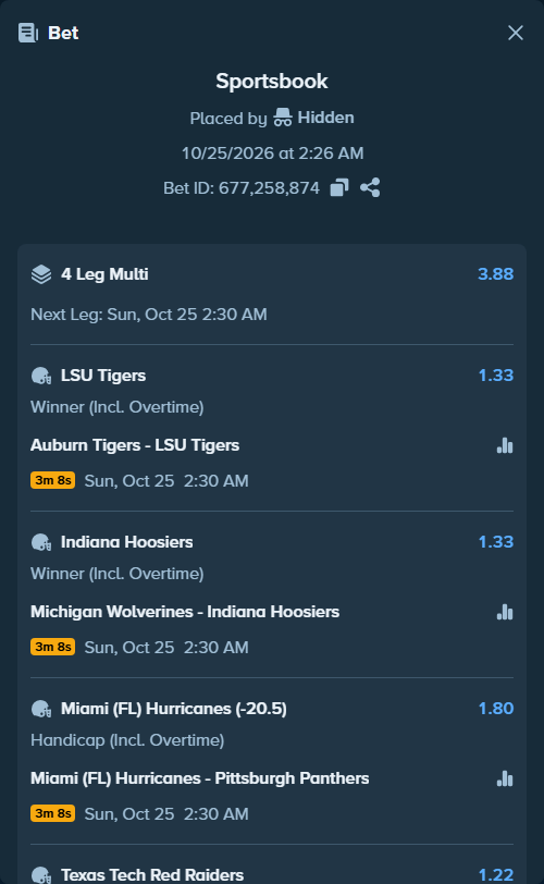 Bet slip: Auburn Tigers - LSU Tigers, $12,213.79 stake at 1.33 odds, placed by Hidden