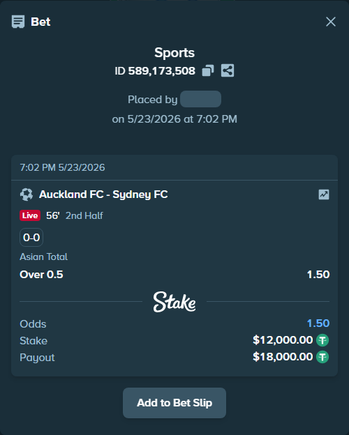 Bet slip: Auckland FC - Sydney FC, $12,012.00 stake at 1.50 odds, placed by Forbes17