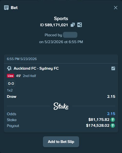 Bet slip: Auckland FC - Sydney FC, $81,257.00 stake at 2.15 odds, placed by xxxboom