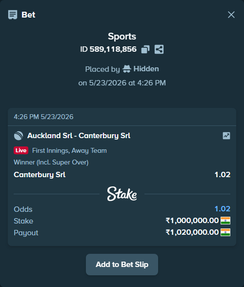 Bet slip: Auckland SRL - Canterbury SRL, $12,000.00 stake at 1.02 odds, placed by Hidden