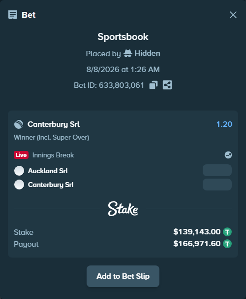 Bet slip: Auckland SRL - Canterbury SRL, $139,282.14 stake at 1.20 odds, placed by Hidden