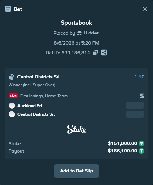 Bet slip: Auckland SRL - Central Districts SRL, $151,151.00 stake at 1.10 odds, placed by Hidden