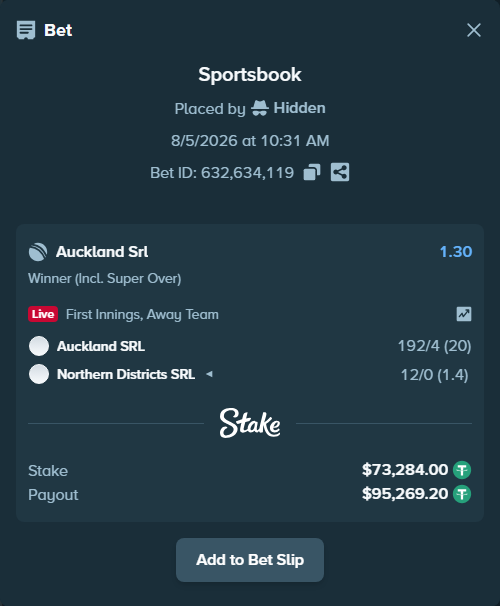 Bet slip: Auckland SRL - Northern Districts SRL, $73,357.28 stake at 1.30 odds, placed by Hidden