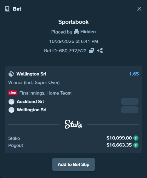 Bet slip: Auckland SRL - Wellington SRL, $10,109.10 stake at 1.65 odds, placed by Hidden