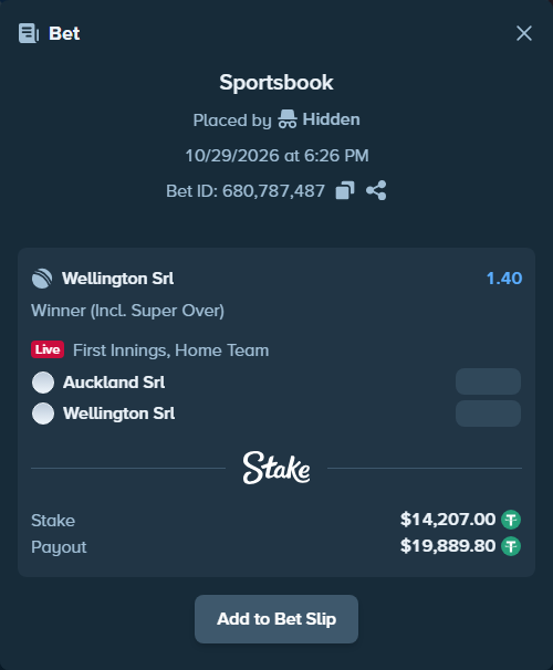 Bet slip: Auckland SRL - Wellington SRL, $14,221.21 stake at 1.40 odds, placed by Hidden