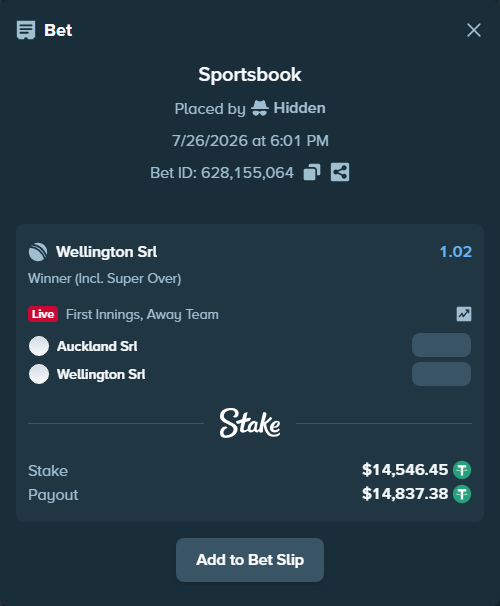 Bet slip: Auckland SRL - Wellington SRL, $14,561.00 stake at 1.02 odds, placed by Hidden