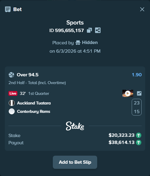Bet slip: Auckland Tuatara - Canterbury Rams, $20,343.55 stake at 1.90 odds, placed by Hidden