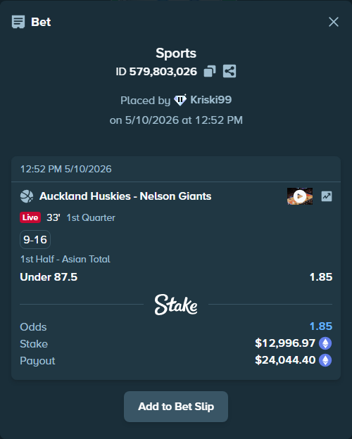 Bet slip: Auckland Tuatara - Nelson Giants, $9,685.44 stake at 1.85 odds, placed by Kriski99