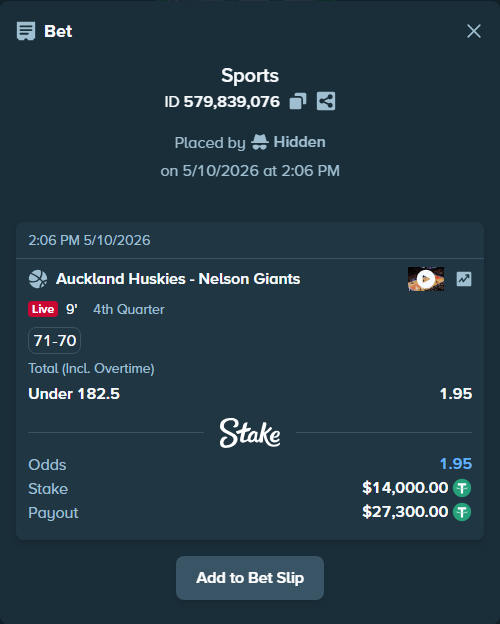 Bet slip: Auckland Tuatara - Nelson Giants, $14,000.00 stake at 1.95 odds, placed by Kriski99