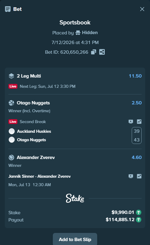 Bet slip: Auckland Tuatara - Otago Nuggets, $10,000.00 stake at 2.50 odds, placed by Hidden