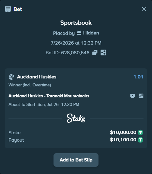 Bet slip: Auckland Tuatara - Taranaki Mountainairs, $10,010.00 stake at 1.01 odds, placed by Hidden