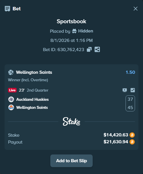 Bet slip: Auckland Tuatara - Wellington Saints, $14,739.44 stake at 1.50 odds, placed by Hidden