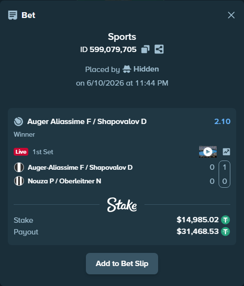 Bet slip: Auger-Aliassime F / Shapovalov D - Nouza P / Oberleitner N, $15,000.00 stake at 2.10 odds, placed by Hidden