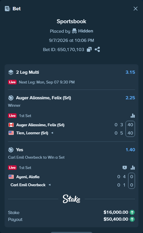 Bet slip: Auger Aliassime, Felix (SRL) - Tien, Learner (Srl), $16,000.00 stake at 2.25 odds, placed by Hidden