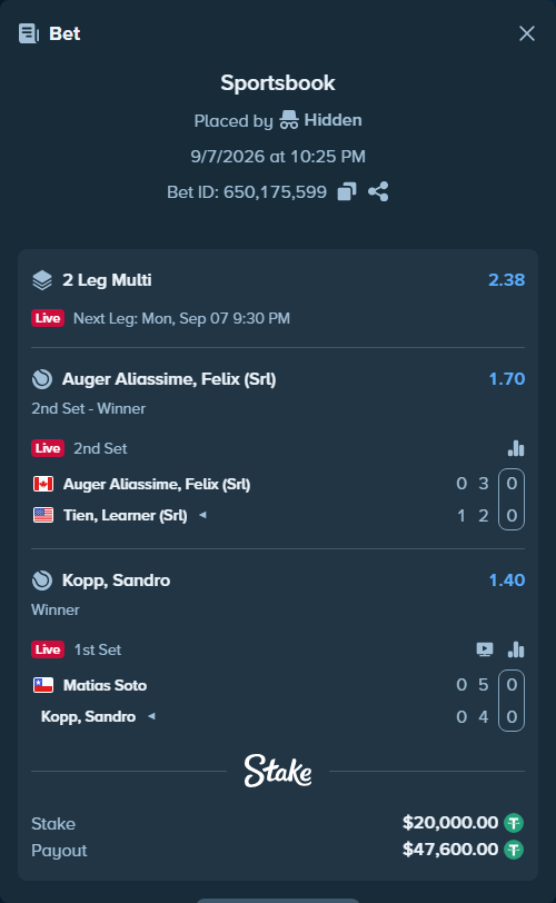 Bet slip: Auger Aliassime, Felix (SRL) - Tien, Learner (Srl), $20,000.00 stake at 1.70 odds, placed by Hidden