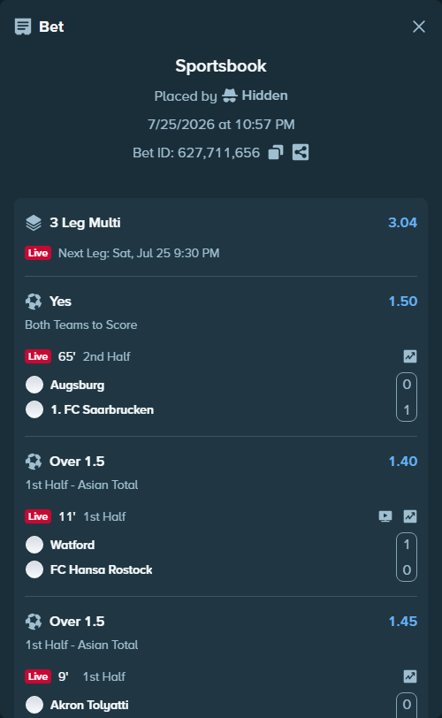 Bet slip: Augsburg - 1. FC Saarbrucken, $16,138.00 stake at 1.50 odds, placed by Hidden