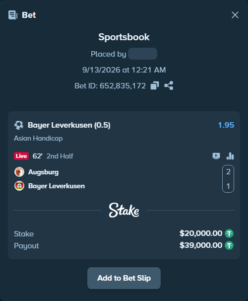 Bet slip: Augsburg - Bayer Leverkusen, $20,000.00 stake at 1.95 odds, placed by Mrazova
