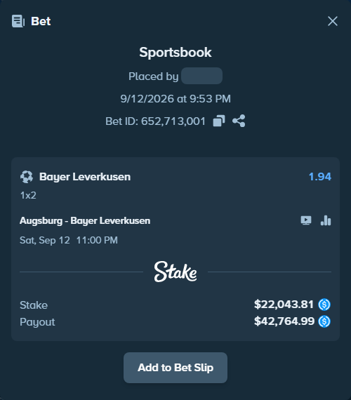 Bet slip: Augsburg - Bayer Leverkusen, $22,043.81 stake at 1.94 odds, placed by Duretil05