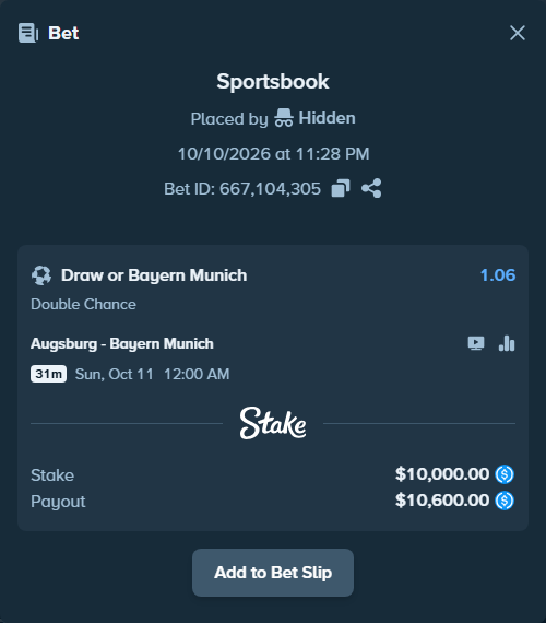 Bet slip: Augsburg - Bayern Munich, $10,000.00 stake at 1.06 odds, placed by bjellesau17