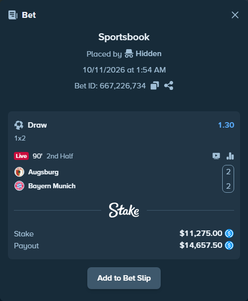 Bet slip: Augsburg - Bayern Munich, $11,275.00 stake at 1.30 odds, placed by eilertrygh