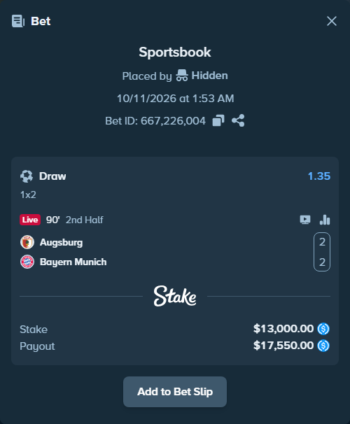 Bet slip: Augsburg - Bayern Munich, $13,000.00 stake at 1.35 odds, placed by olavandr